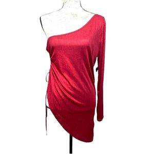 Minette‎ Sexy Red Valentines One Shoulder Asymmetrical Blouse Ruching Adjustable